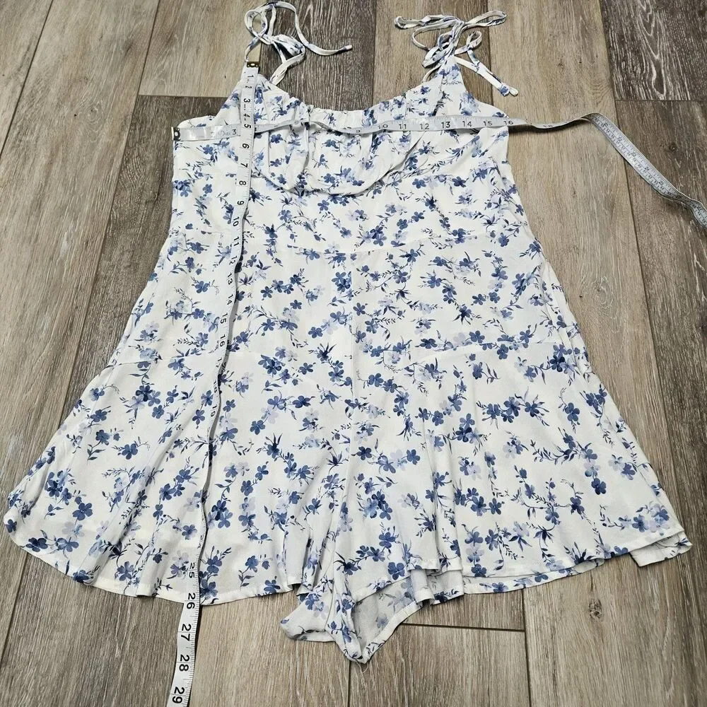 Bershka Micro Floral Playsuit Romper Spaghetti Strap White Blue Women’s XL
